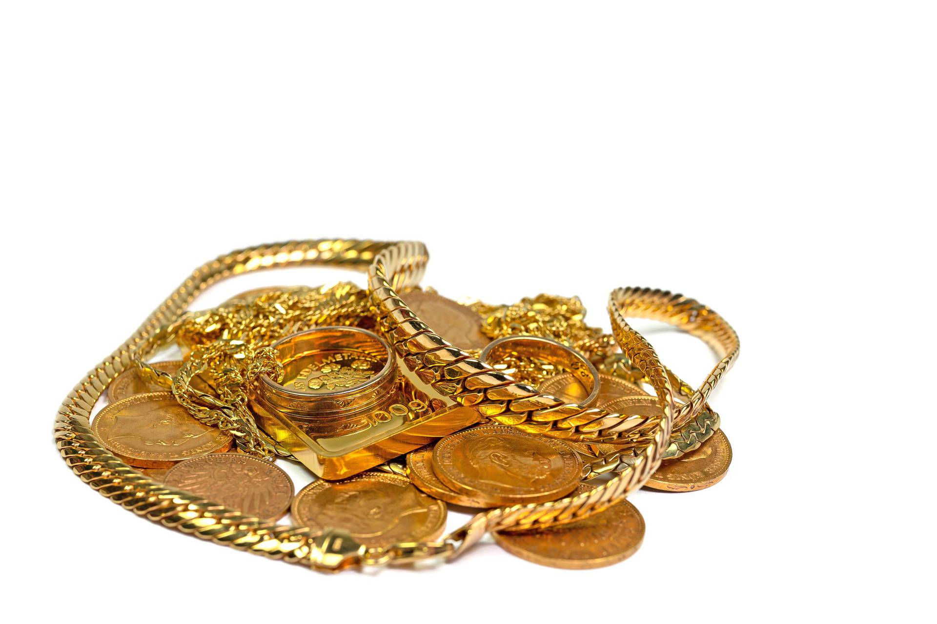 Gold,Jewelry,,Gold,Coins,And,Gold,Bars,Against,A,White