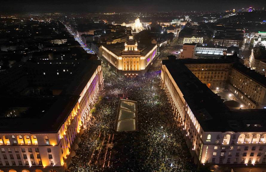 A drone view shows protesters demonstrating outside the parliament during an anti-government rally in Sofia