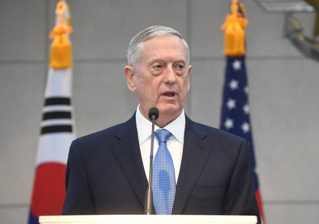 U.S. Defense Secretary Mattis speaks before meeting with South Korean Defense Minister Han  at the headquarters of the Defense Ministry in Seoul