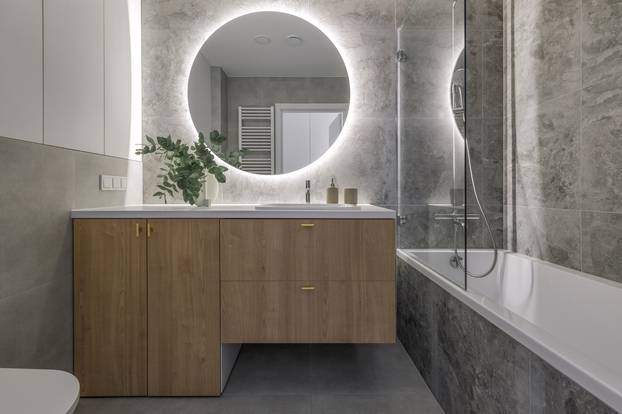 Modern,Minimalist,Bathroom,Interior,Design,With,Wooden,Furniture,,Grey,Stone