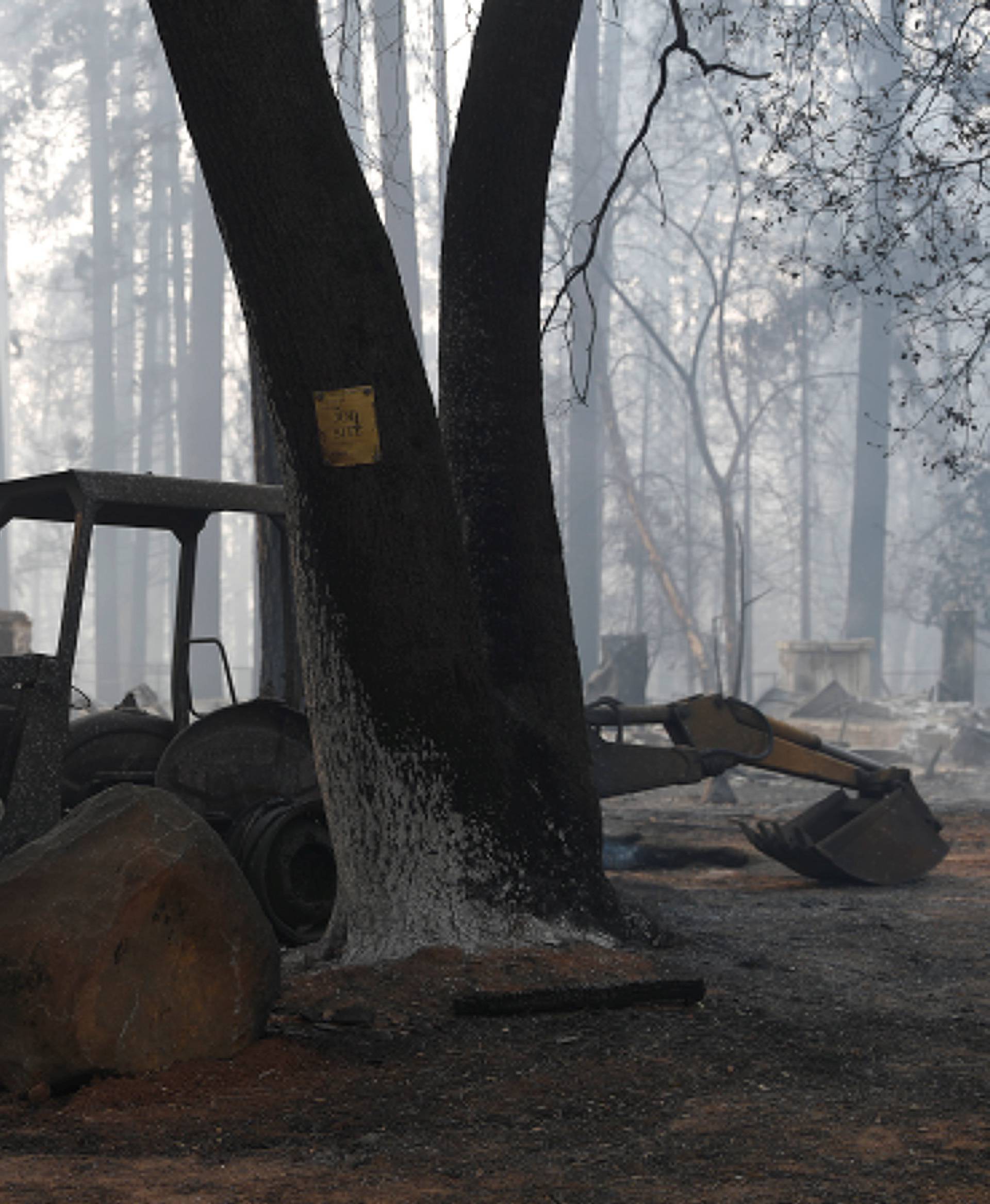 A burned out bulldozer destroyed by the Camp Fire is seen in Paradise