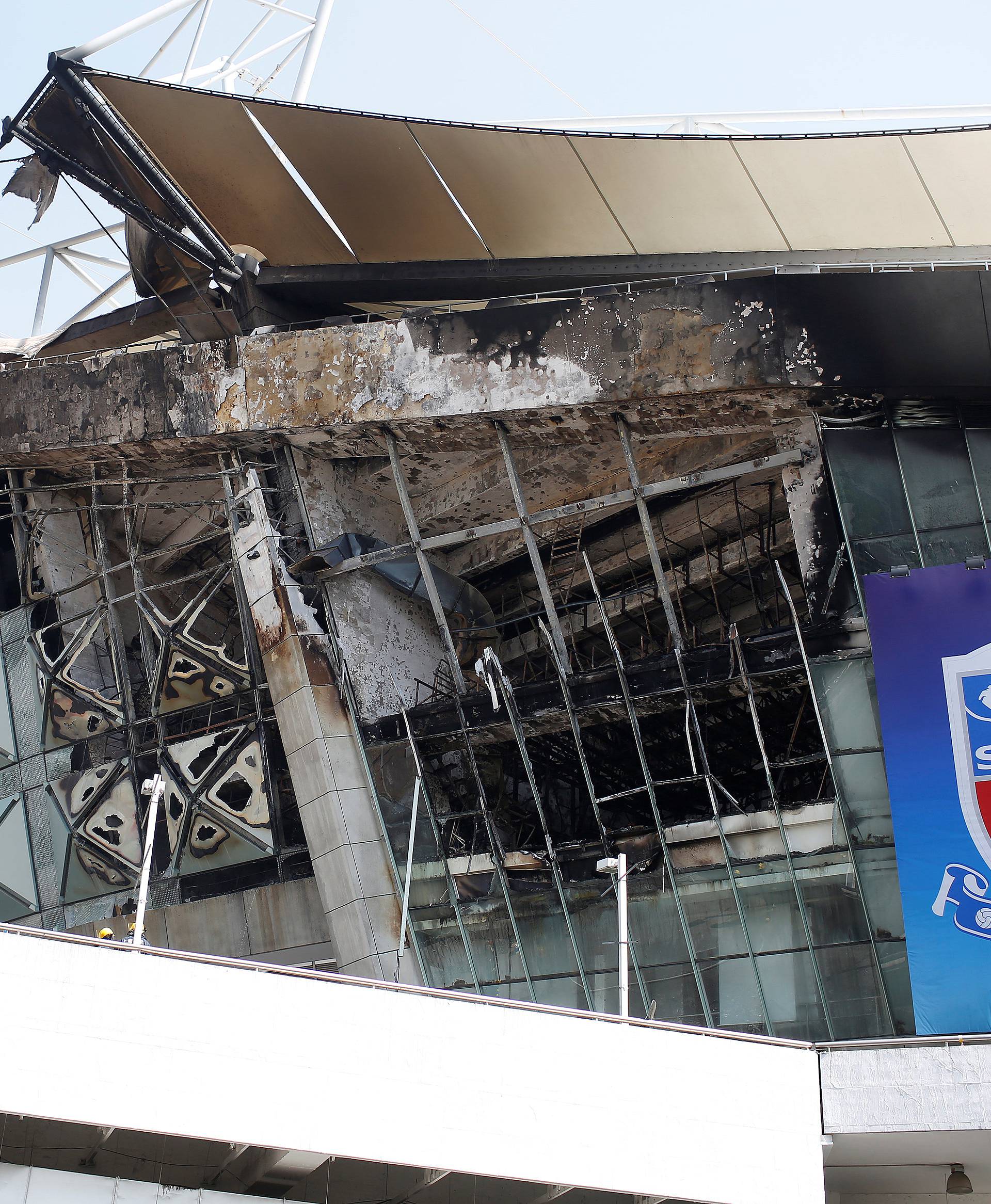 A view of the site where a fire broke out at the Shanghai Hongkou soccer stadium in Shanghai