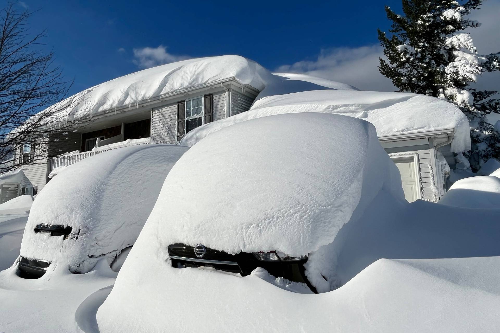 Vehicles are covered in a snowdrift during a lull in a snow storm hitting the Buffalo area