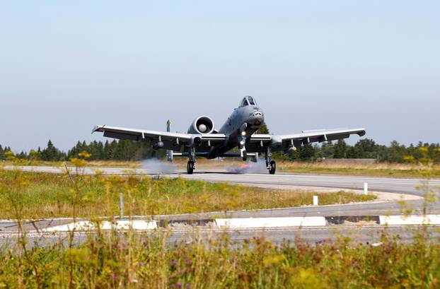 U.S. Air Force attack aircraft A-10 "Thunderbolt" takes part in a landing exercise on a motorway near Jagala