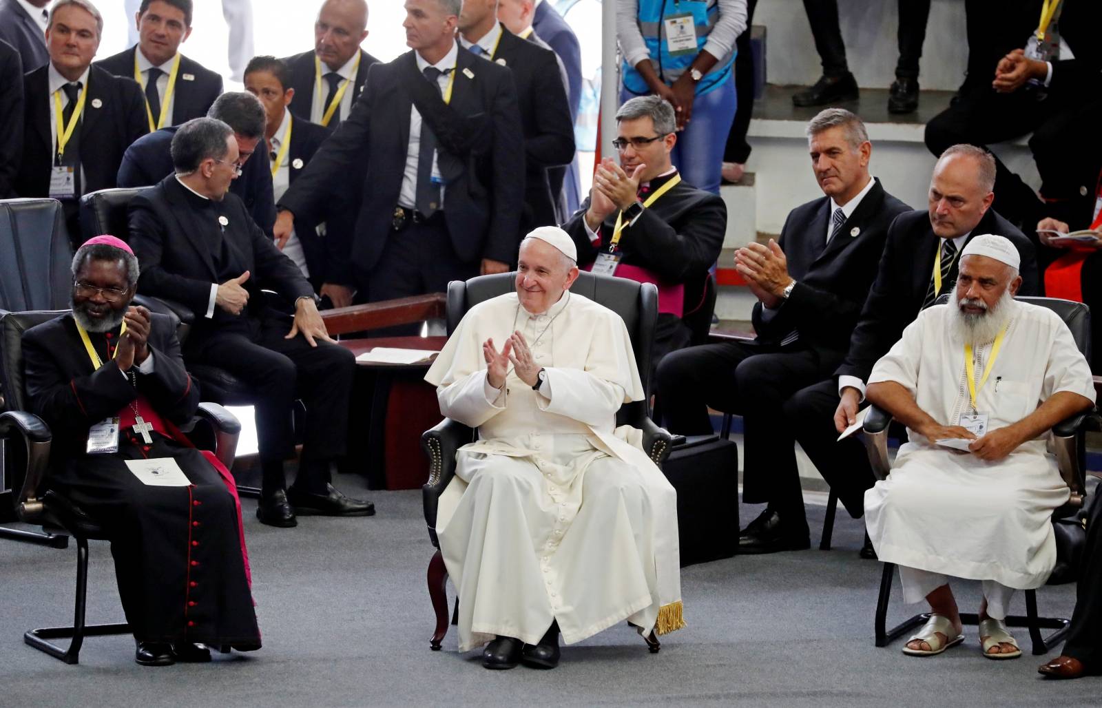 Pope Francis reacts during an interreligious meeting at Maxaquene Pavilion in Maputo