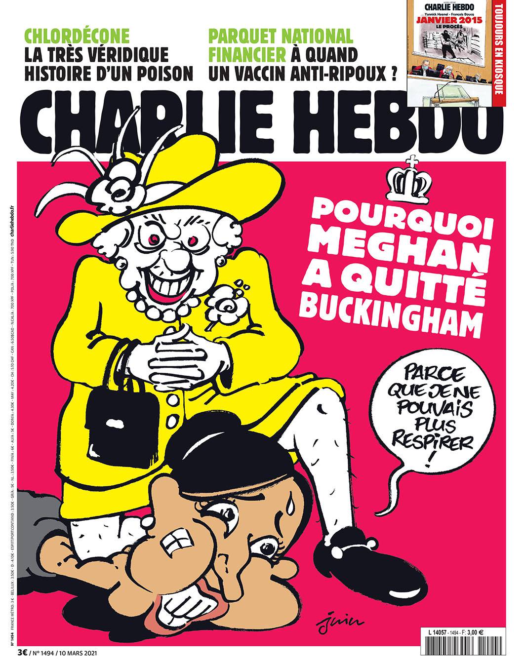 Charlie Hebdo opet je šokirao: Kraljica drži koljeno na Meghan