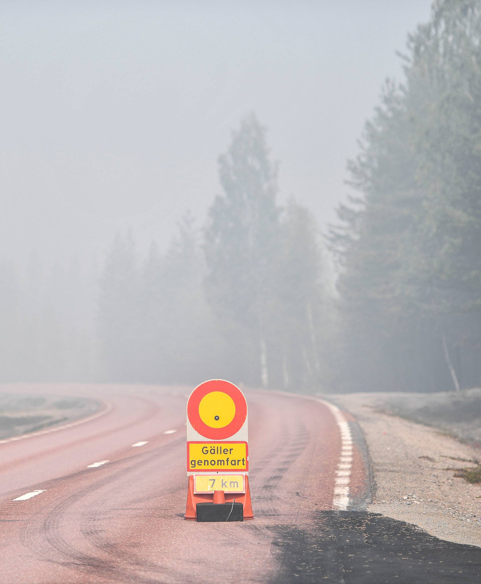 A blocked road 84 between Ljusdal and Lassekrog due to the wildfire in Enskogen outside Ljusdal