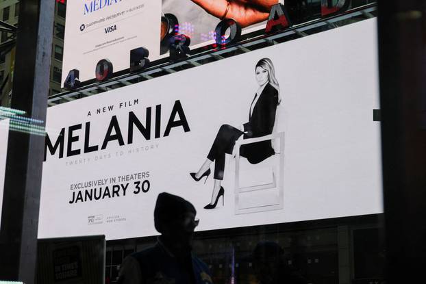A movie poster featuring first lady Melania Trump is displayed in New York City