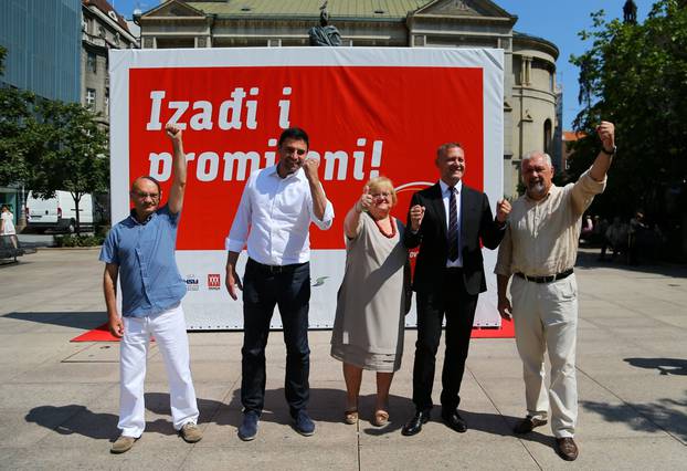 Leaders of Restart coalition pose for a picture Goran Aleksic (SNAGA), Davor Bernardic (SDP), Anka Mrak Taritas (GLAS), Kreso Beljak (HSS) and Silvano Hrelja (HSU) during a news conference in downtown of Zagreb