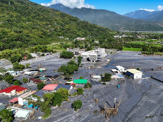 A drone view shows mud covering areas of Hualien