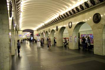 Interior view shows Tekhnologicheskiy institut metro station in St. Petersburg