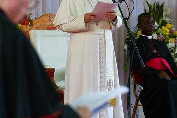 Pope Leo XIV meets students and professors at the Catholic University of Central Africa, in Yaounde