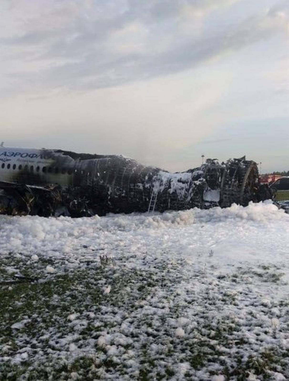 A view shows a damaged Aeroflot Sukhoi Superjet 100 passenger plane after an emergency landing at Moscow's Sheremetyevo airport