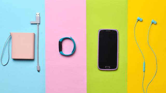 Power,Bank,,Smart,Watches,,Headphones,,Smartphone,Lined,On,A,Colorful