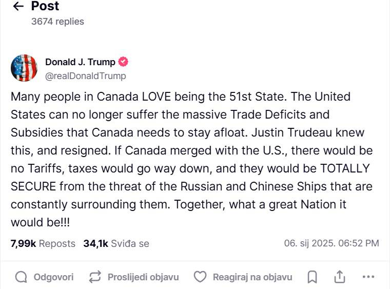 Trudeau najavio odlazak, Trump opet 'bacio' oko na Kanadu: 'Zajedno bi bili velika nacija!'