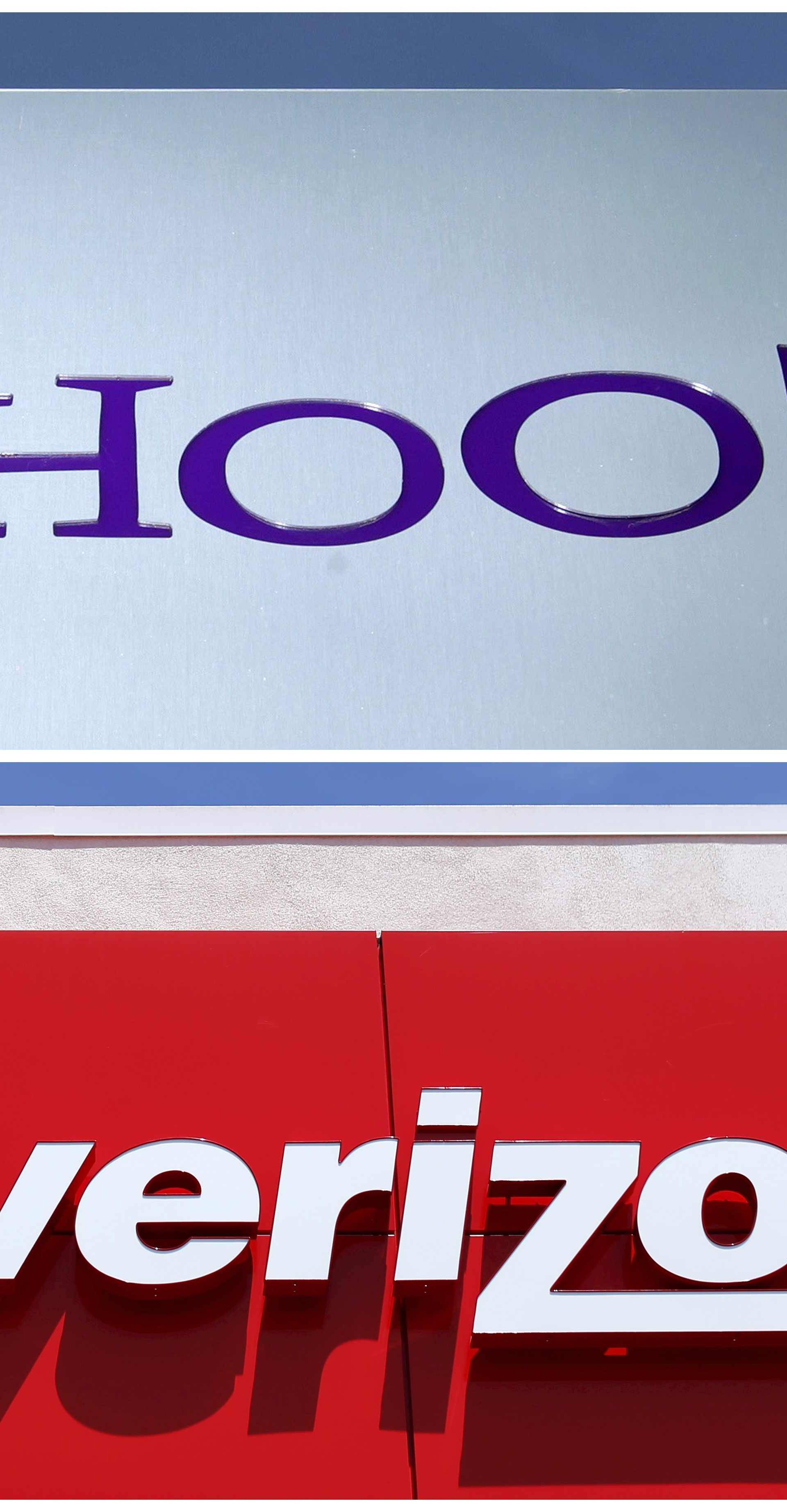 A combination photo of Yahoo logo in Rolle Switzerland and a Verizon sign in San Diego California