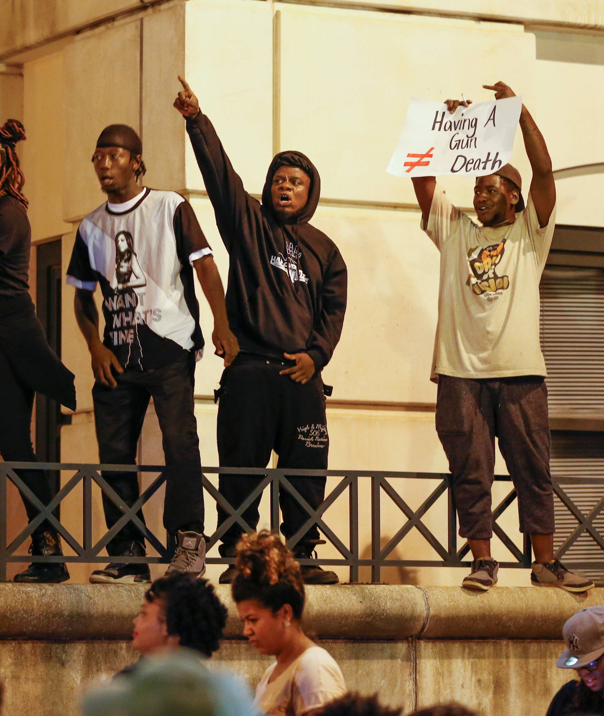 Protesters gather at the Charlotte-Mecklenburg Police Department in uptown Charlotte, NC to protest the police shooting of Keith Scott, in Charlotte