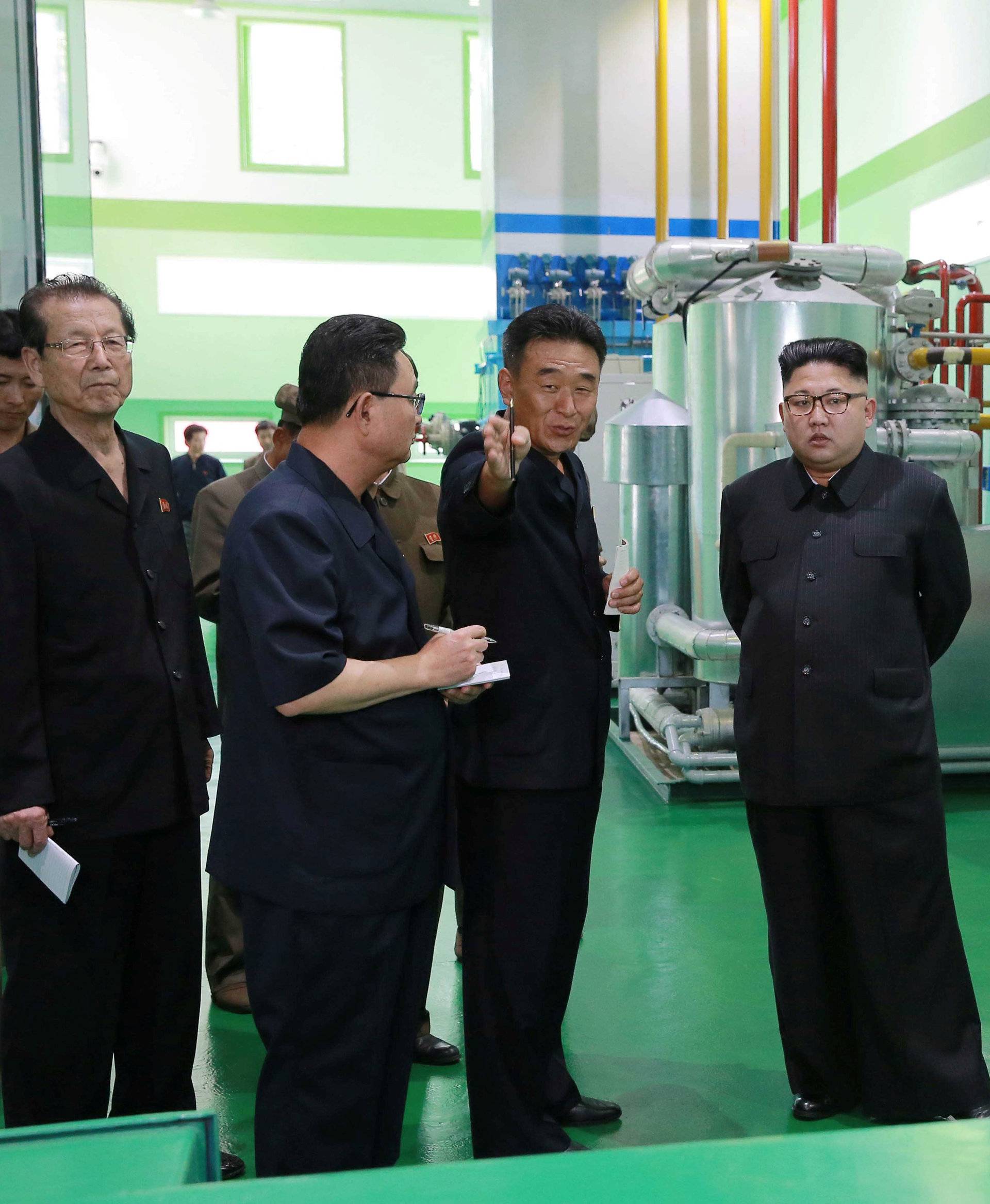 North Korean leader Kim Jong Un gives field guidance to the newly-built Medical Oxygen Factory