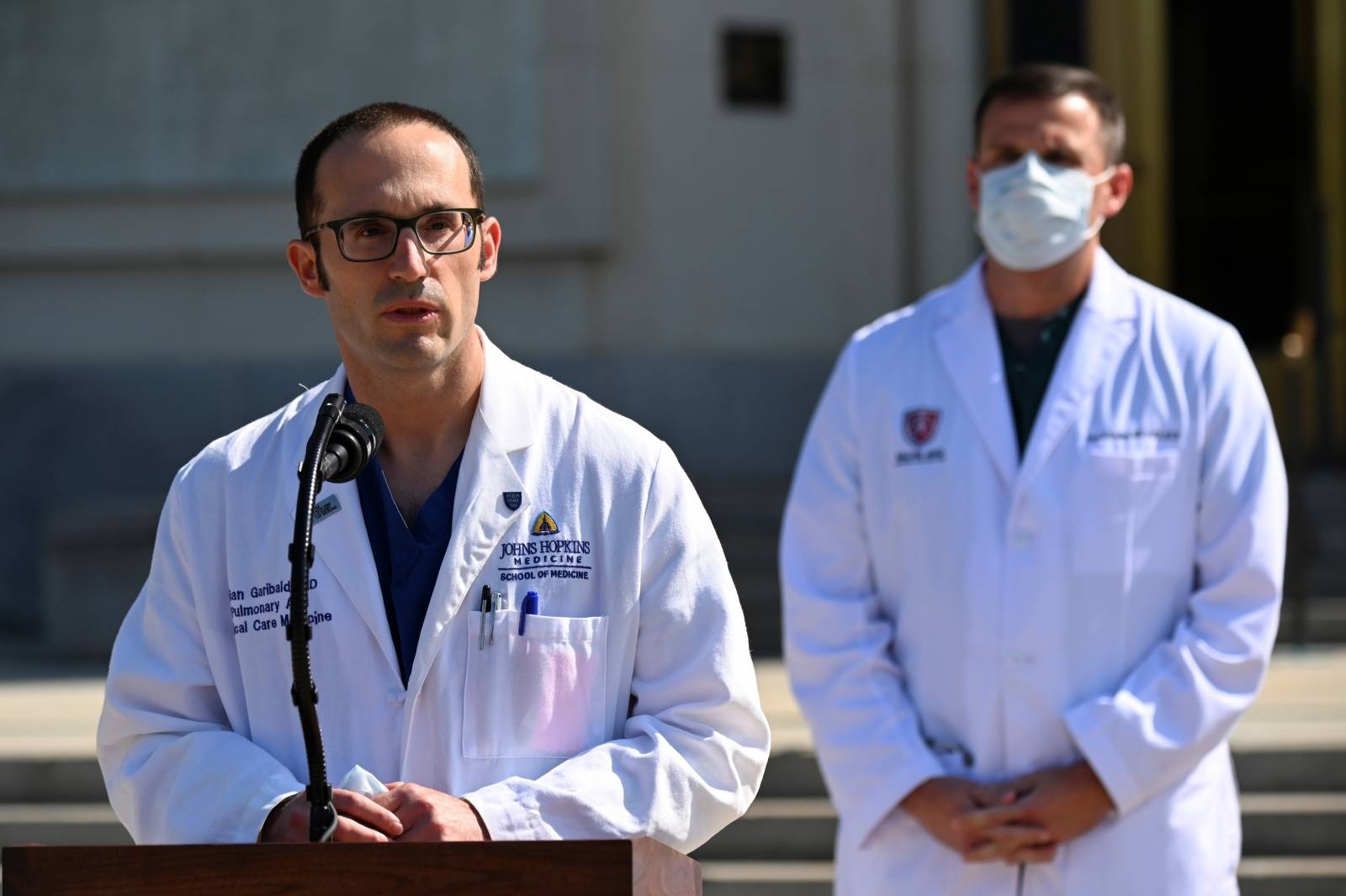 Dr. Brian Garibaldi speaks to the media about U.S. President Donald Trump's health, in Bethesda