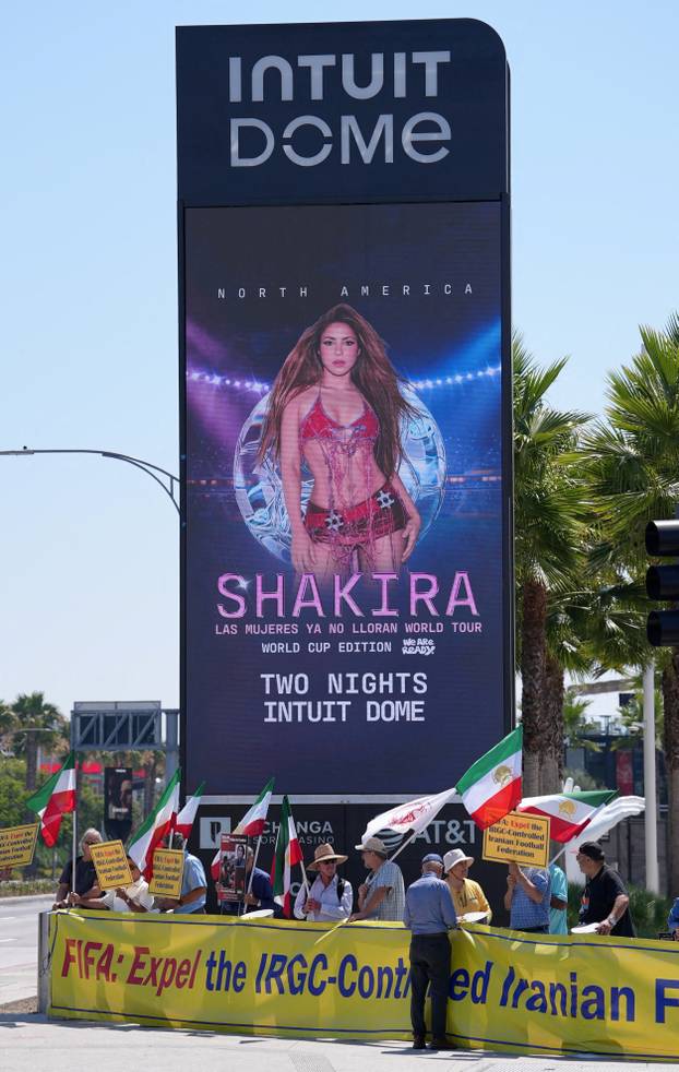 Protest ahead of Iran's first match during the FIFA World Cup 2026, near SoFi Stadium