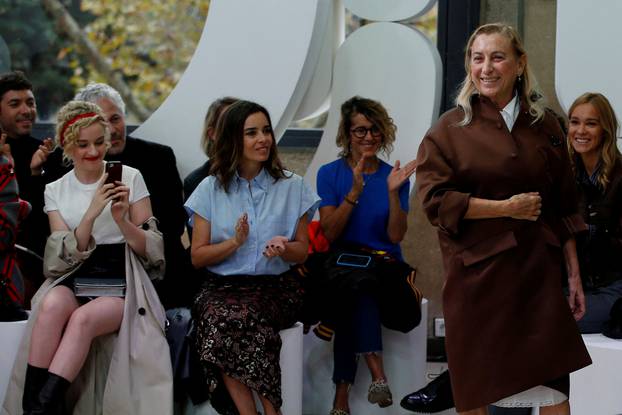 FILE PHOTO: Italian designer Miuccia Prada appears at the end of her Spring/Summer 2019 women
