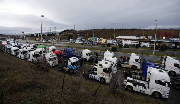Protest by truck drivers and transport union representatives over disruptions linked to the European Union's new Entry-Exit System, in Gevgelija