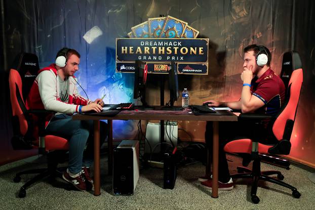 Two players face each other during a Hearthstone match at the DreamHack Open Tours eSport competition in Tours