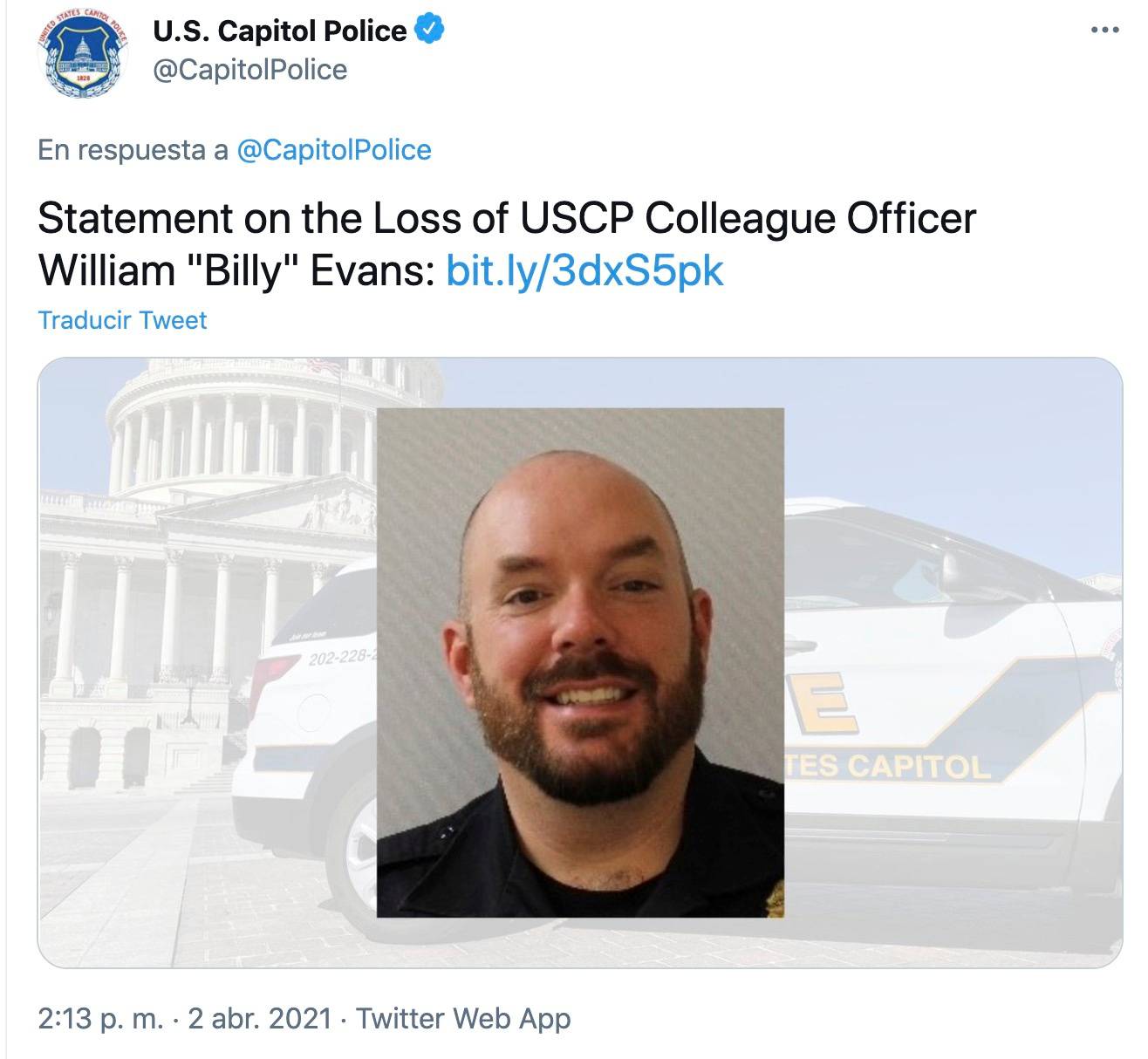A screen shot shows a picture of USCP Colleague Officer William "Billy" Evans, who was killed in a violent incident near the Capitol
