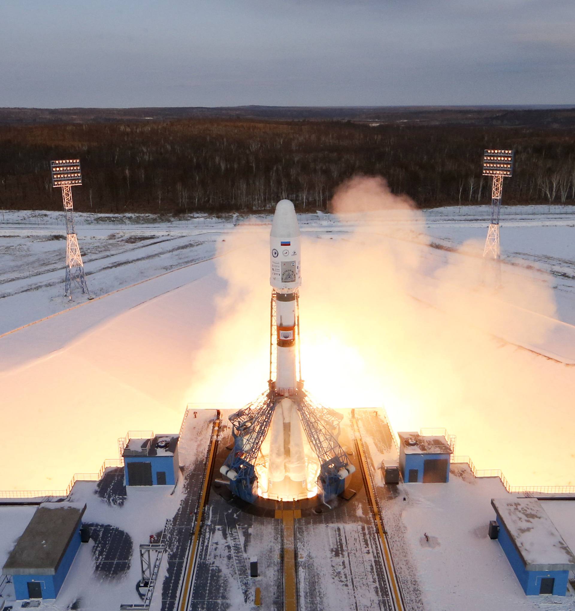 The Souyz-2 spacecraft with Meteor-M satellite and 18 additional small satellites launches from Russia's new Vostochny cosmodrome, near the town of Tsiolkovsky in Amur region