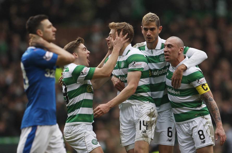 Celtic's Stuart Armstrong celebrates scoring their first goal with Scott Brown, James Forrest and Nir Bitton