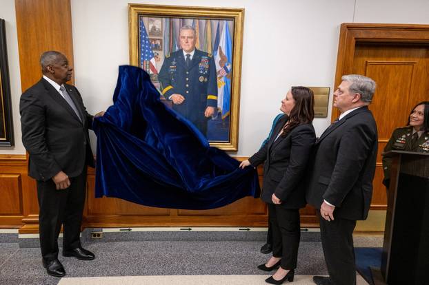 Then-U.S. Secretary of Defense Austin hosts the unveiling of the portrait of General Milley at the Pentagon