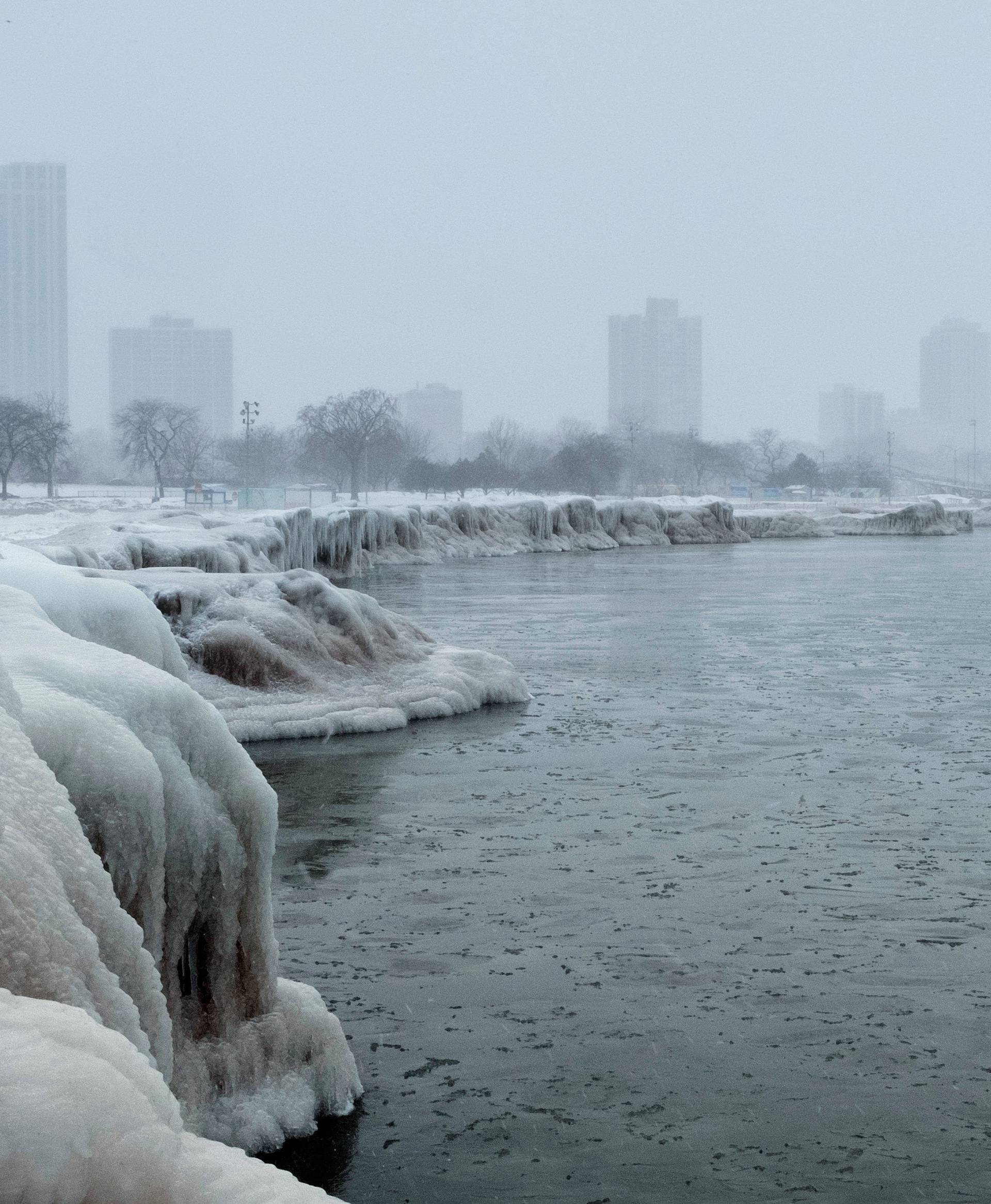 The city skyline is seen from the North Avenue Beach at Lake Michigan as bitter cold phenomenon called the polar vortex has descended on much of the central and eastern United States