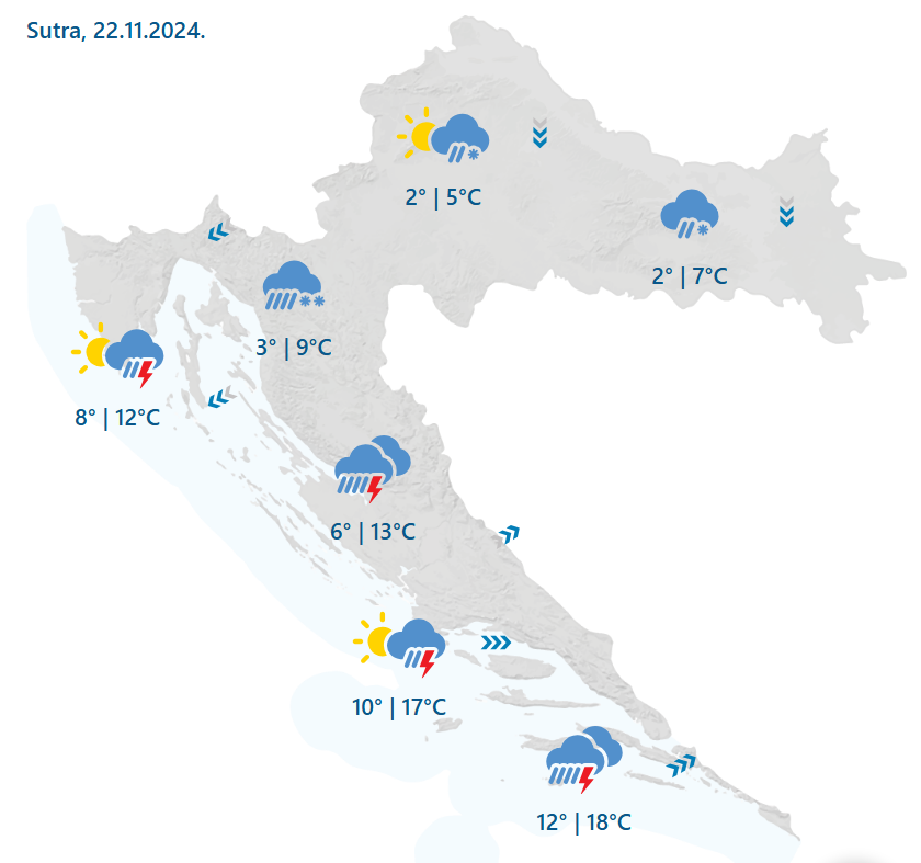 Očekuje nas kaotičan petak! Stiže još snijega, olujni vjetar na moru i ozbiljno zahlađenje