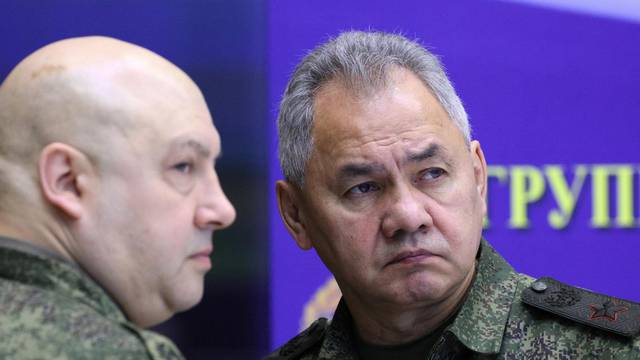 Russian Defence Minister Sergei Shoigu and General Sergei Surovikin visit the Joint Headquarters of the Russian armed forces, in an unknown location