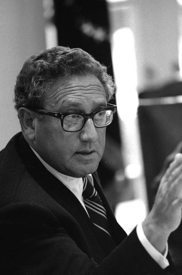 Secretary of State Henry Kissinger speaks during a meeting following the assassinations in Beirut of Ambassador Francis E. Meloy, Jr. and Economic Counselor Robert O. Waring, at the White House