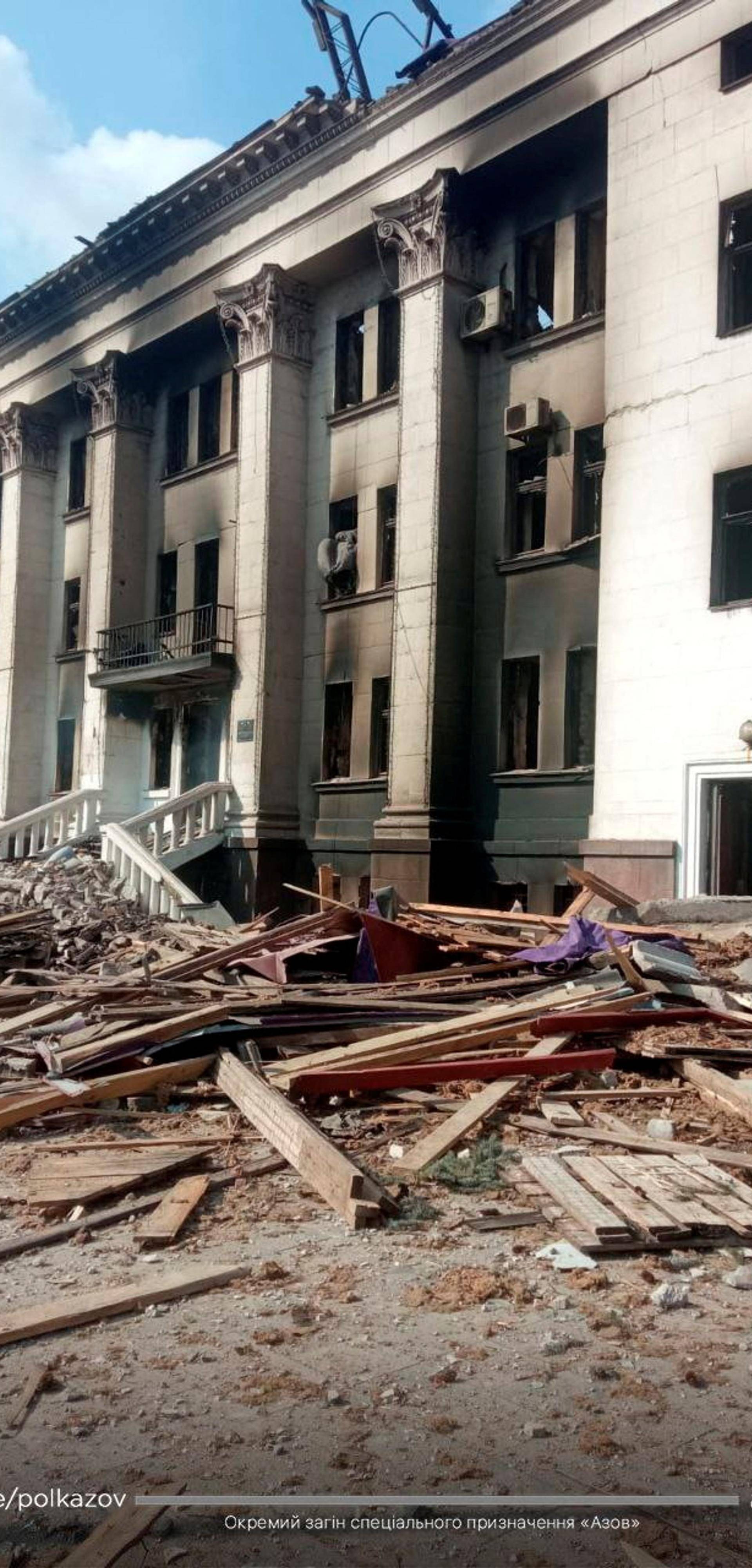 General view of the remains of the drama theatre which was hit by a bomb in Mariupol