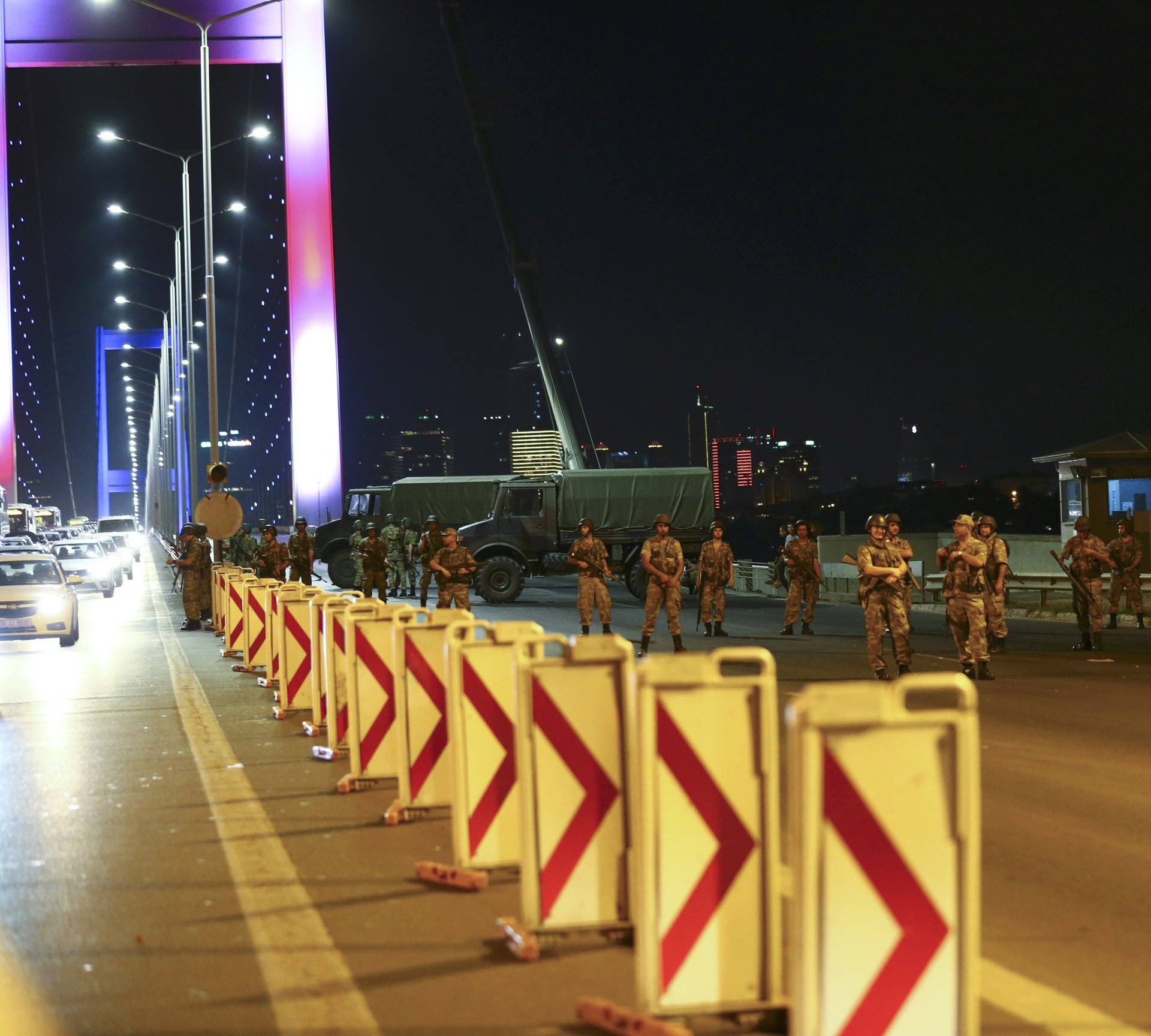 Turkish military block access to the Bosphorus bridge, which links the city's European and Asian sides, in Istanbul