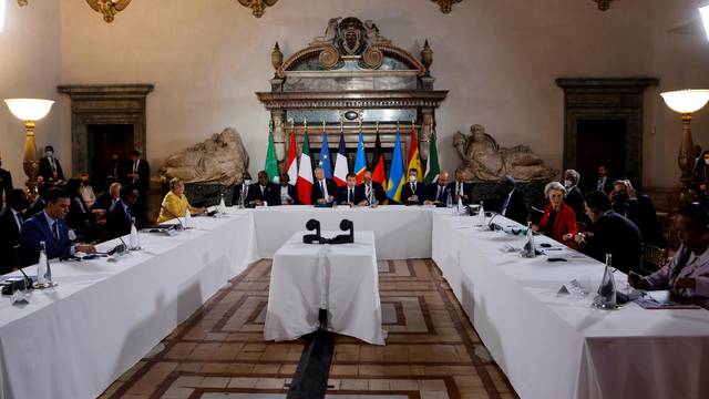 French President Emmanuel Macron hosts a meeting with leaders of the African Union and European Union on the sidelines of the G20 leaders' summit, in Rome