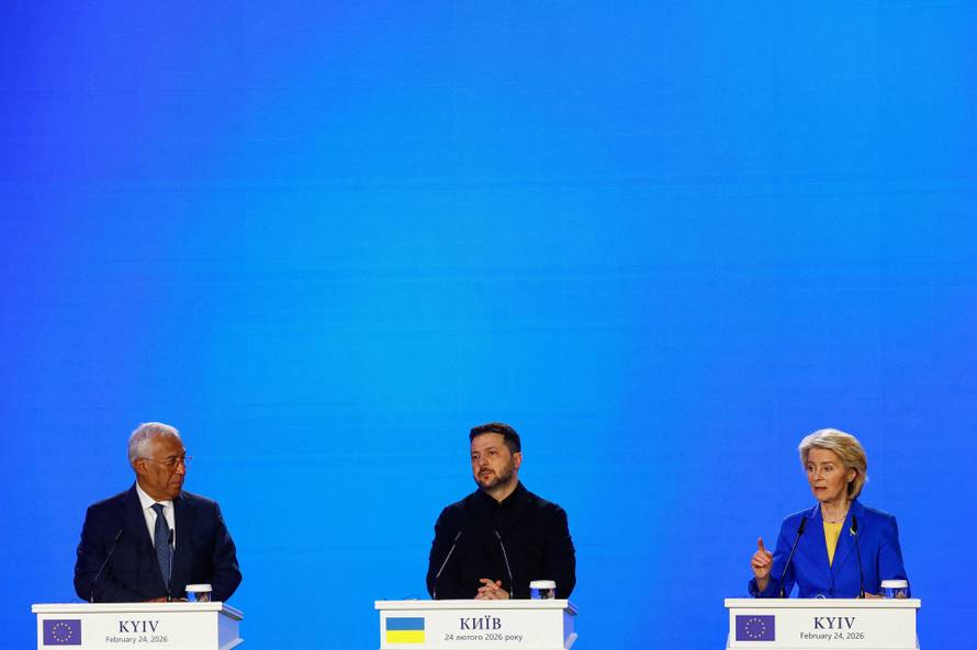 Ukraine's Zelenskiy, and EU's von der Leyen and Costa attend press conference on fourth anniversary of Russia's full-scale invasion, in Kyiv