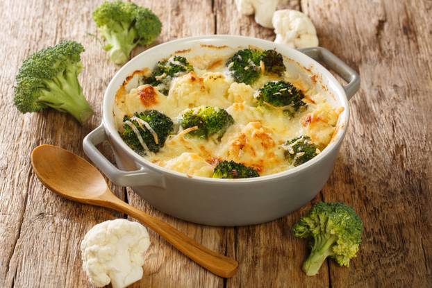 Homemade delicious creamy broccoli cauliflower vegetable cassero
