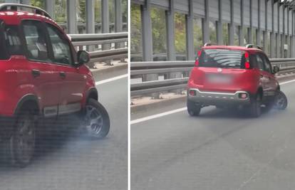 Nevjerojatne scene s obilaznice u Rijeci. On vozi u lijevoj traci, a kotač mu potpuno uništen