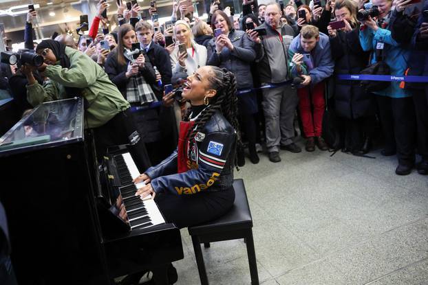 Singer Alicia Keys performs at St. Pancras International Station in London