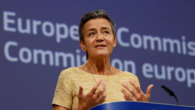 EU antitrust chief Margrethe Vestager holds a press conference, in Brussels