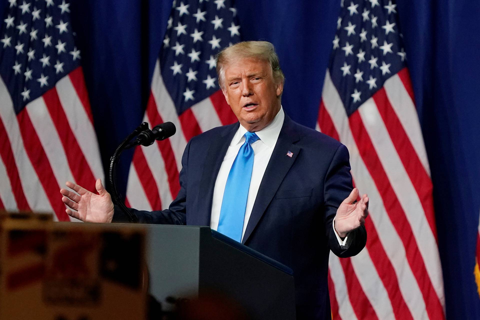 President Donald Trump speaks during the first day of the Republican National Convention, in Charlotte