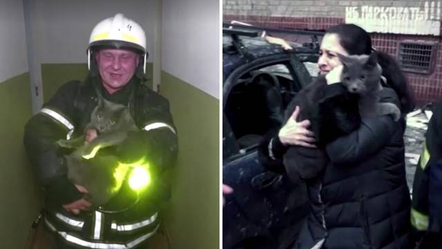 VIDEO Bombardirali zgradu u Ukrajini, vatrogasci iz požara izvukli mačku: 'Živa je, živa je!'