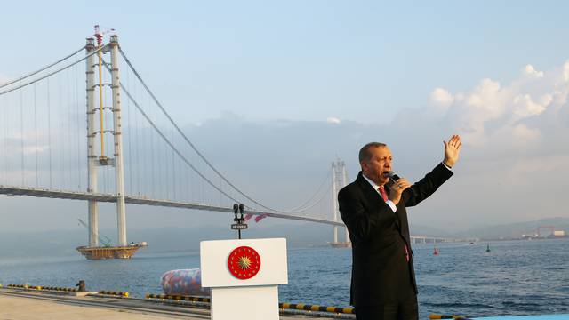 Turkish President Erdogan makes a speech during the opening ceremony of Osman Gazi bridge in Kocaeli