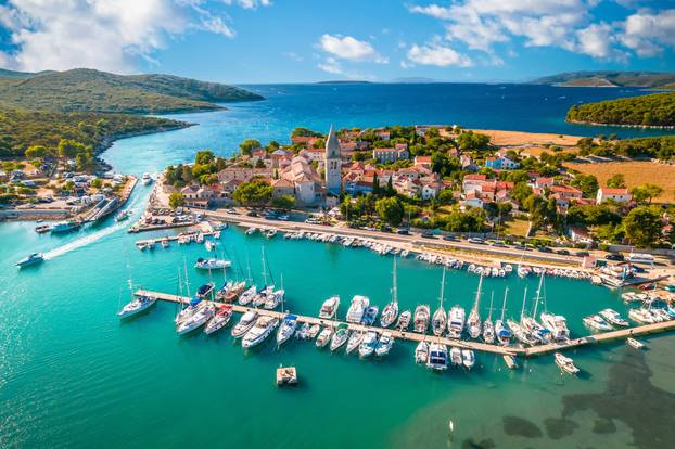 Historic town of Osor connecting Cres and Losinj islands aerial 