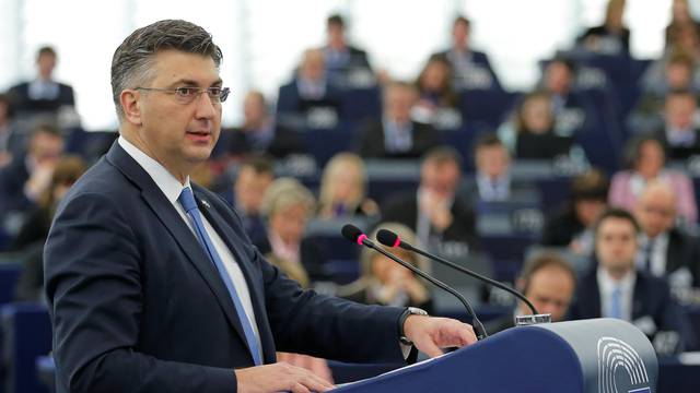 Croatia's Prime Minister Plenkovic delivers a speech during a debate on the Future of Europe at the European Parliament in Strasbourg