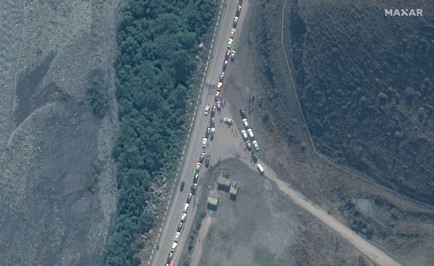 A satellite image shows a traffic jam near Russia's border with Georgia