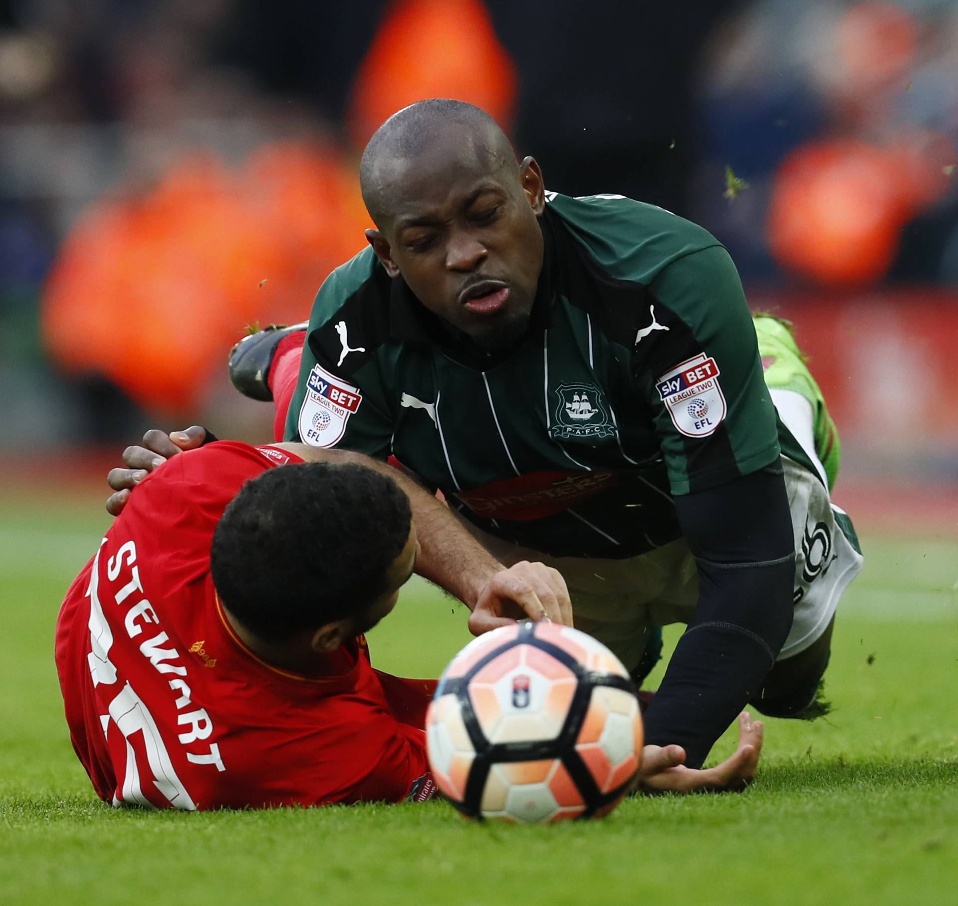 Plymouth Argyle's Paul Arnold Garita in action with Liverpool's Kevin Stewart